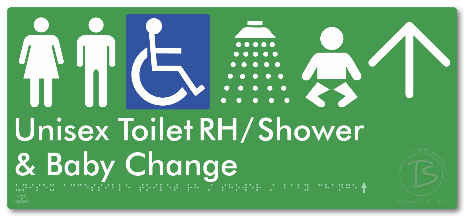 Unisex Accessible Toilet RH / Shower / Baby Change with Large Directional Arrow - Braille Tactile Signs Aust.