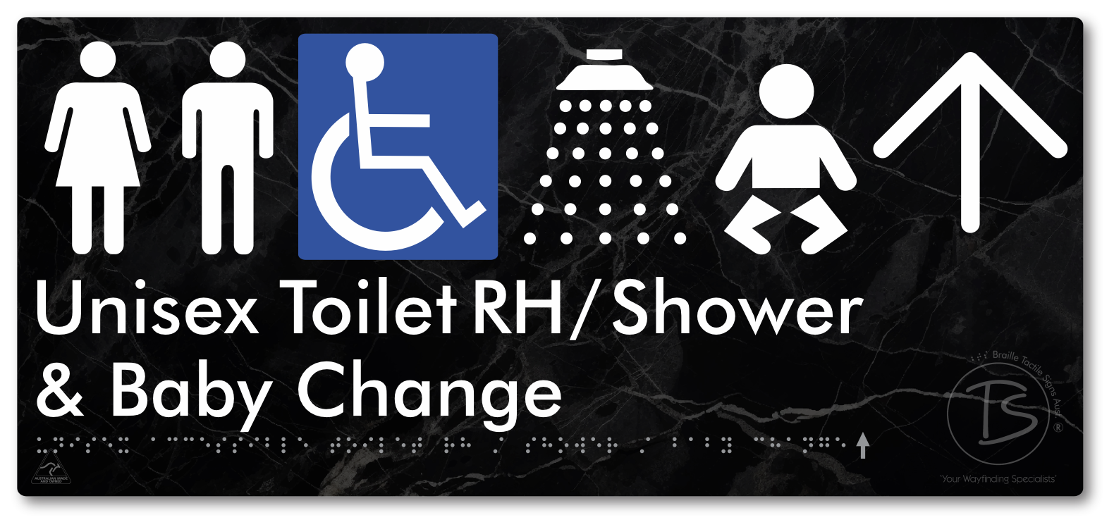 Unisex Accessible Toilet RH / Shower / Baby Change with Large Directional Arrow - Braille Tactile Signs Aust.