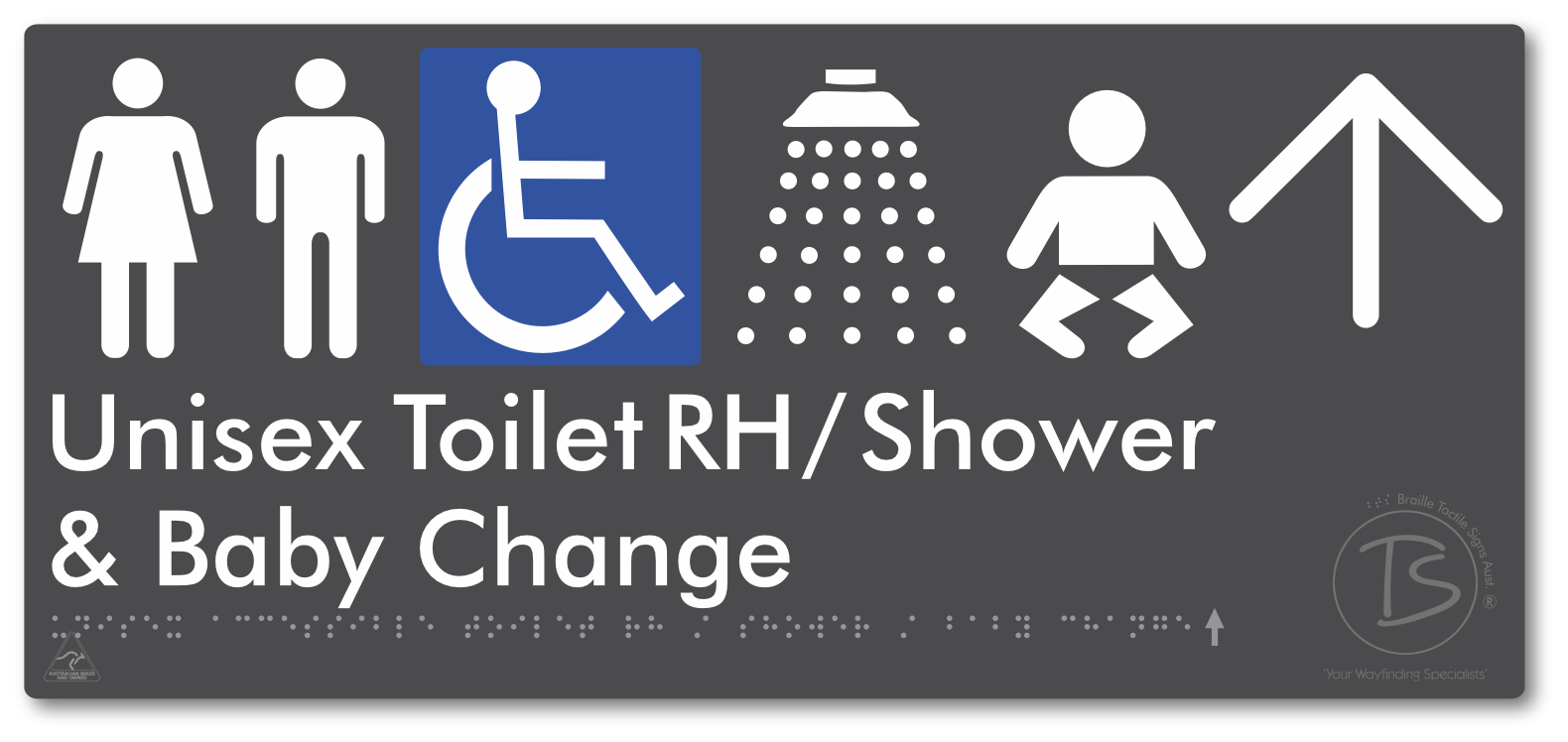 Unisex Accessible Toilet RH / Shower / Baby Change with Large Directional Arrow - Braille Tactile Signs Aust.