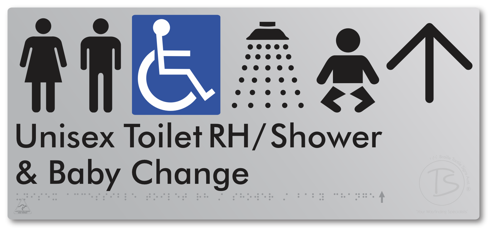 Unisex Accessible Toilet RH / Shower / Baby Change with Large Directional Arrow - Braille Tactile Signs Aust.