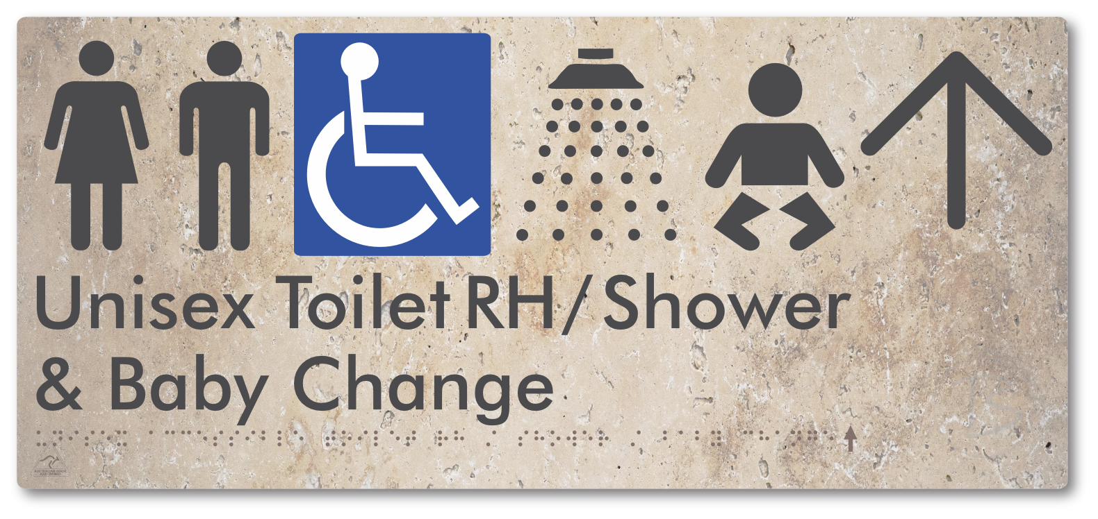 Unisex Accessible Toilet RH / Shower / Baby Change with Large Directional Arrow - Braille Tactile Signs Aust.
