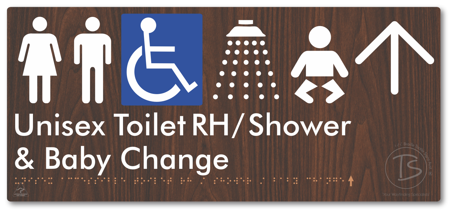 Unisex Accessible Toilet RH / Shower / Baby Change with Large Directional Arrow - Braille Tactile Signs Aust.