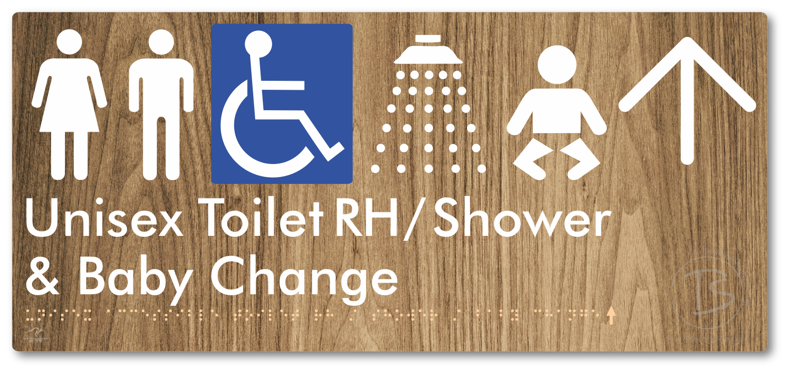 Unisex Accessible Toilet RH / Shower / Baby Change with Large Directional Arrow - Braille Tactile Signs Aust.