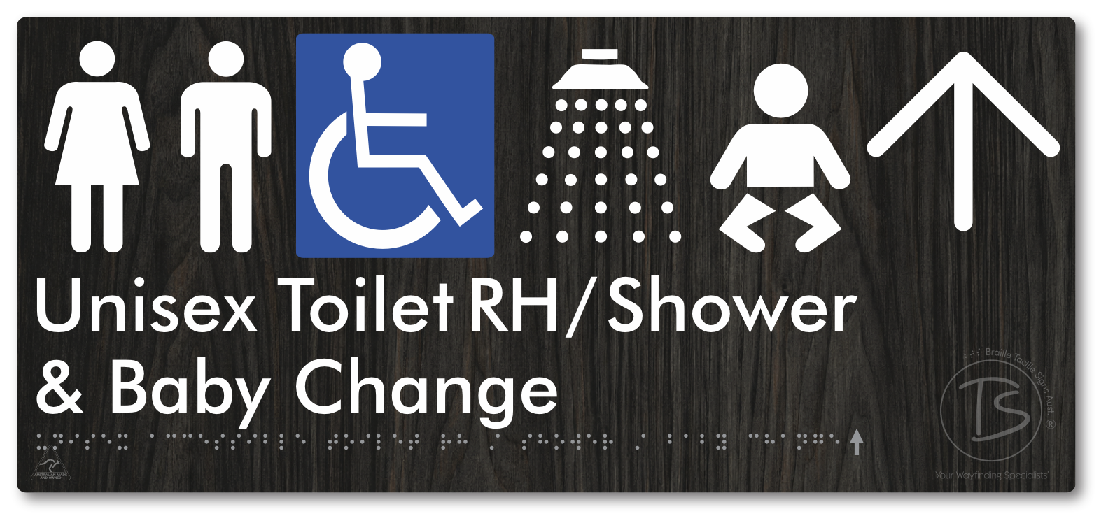 Unisex Accessible Toilet RH / Shower / Baby Change with Large Directional Arrow - Braille Tactile Signs Aust.