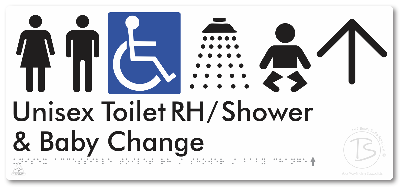 Unisex Accessible Toilet RH / Shower / Baby Change with Large Directional Arrow - Braille Tactile Signs Aust.