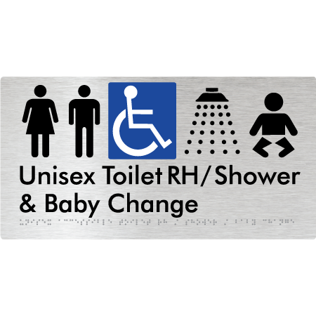 Unisex Accessible Toilet RH / Shower / Baby Change - Braille Tactile Signs Aust.