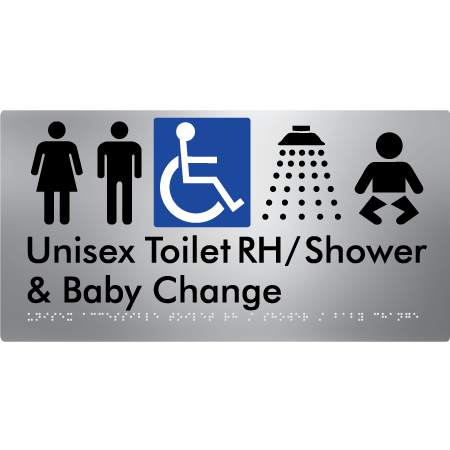 Unisex Accessible Toilet RH / Shower / Baby Change - Braille Tactile Signs Aust.