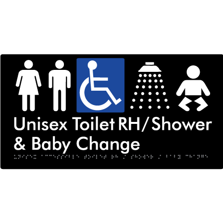 Unisex Accessible Toilet RH / Shower / Baby Change - Braille Tactile Signs Aust.