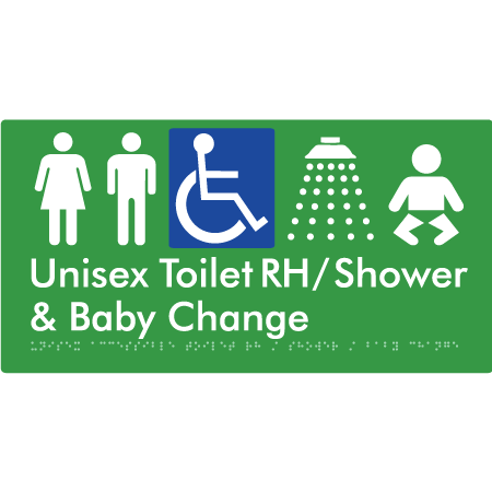 Unisex Accessible Toilet RH / Shower / Baby Change - Braille Tactile Signs Aust.