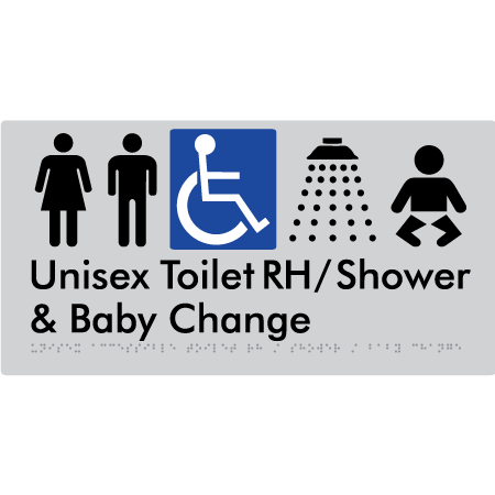 Unisex Accessible Toilet RH / Shower / Baby Change - Braille Tactile Signs Aust.