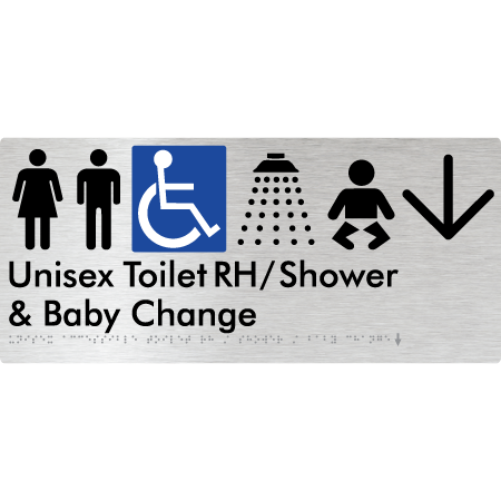 Unisex Accessible Toilet RH / Shower / Baby Change w/ Large Arrow - Braille Tactile Signs Aust.