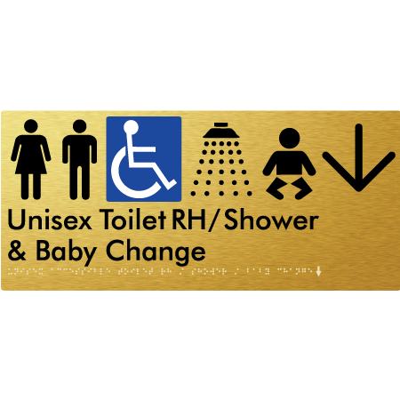 Unisex Accessible Toilet RH / Shower / Baby Change w/ Large Arrow - Braille Tactile Signs Aust.