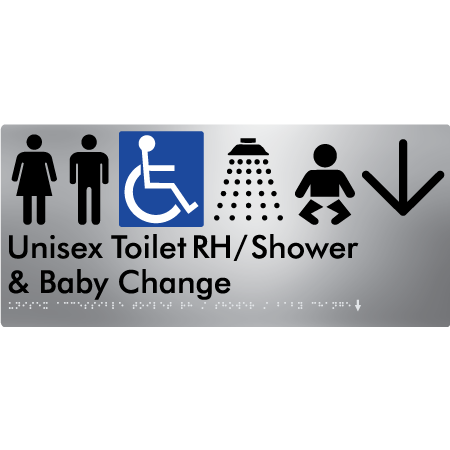 Unisex Accessible Toilet RH / Shower / Baby Change w/ Large Arrow - Braille Tactile Signs Aust.