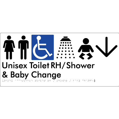 Unisex Accessible Toilet RH / Shower / Baby Change w/ Large Arrow - Braille Tactile Signs Aust.