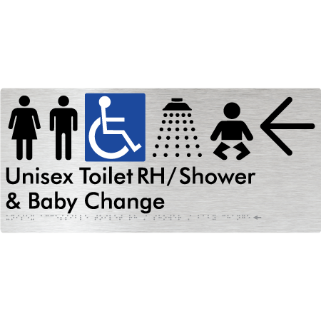 Unisex Accessible Toilet RH / Shower / Baby Change w/ Large Arrow - Braille Tactile Signs Aust.