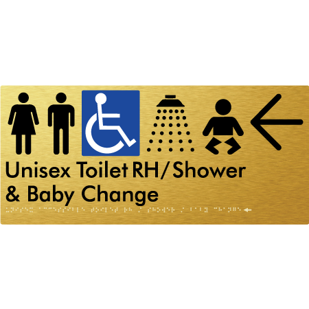 Unisex Accessible Toilet RH / Shower / Baby Change w/ Large Arrow - Braille Tactile Signs Aust.