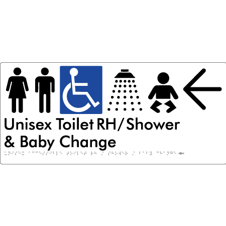 Unisex Accessible Toilet RH / Shower / Baby Change w/ Large Arrow - Braille Tactile Signs Aust.