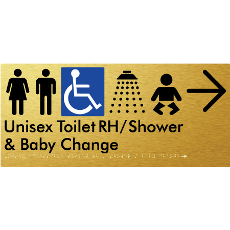 Unisex Accessible Toilet RH / Shower / Baby Change w/ Large Arrow - Braille Tactile Signs Aust.