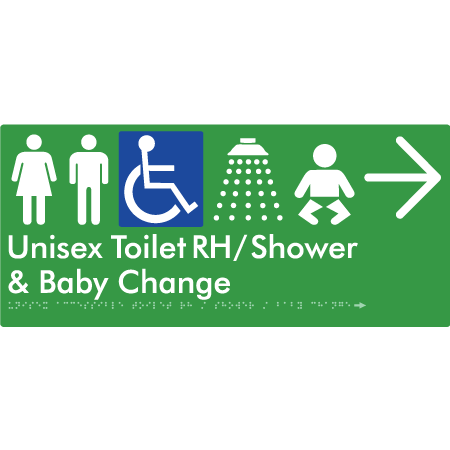 Unisex Accessible Toilet RH / Shower / Baby Change w/ Large Arrow - Braille Tactile Signs Aust.