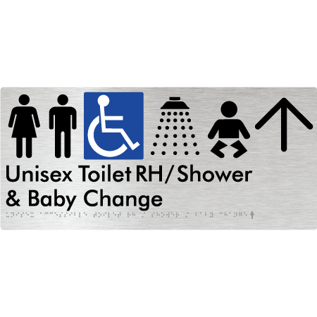 Unisex Accessible Toilet RH / Shower / Baby Change w/ Large Arrow - Braille Tactile Signs Aust.
