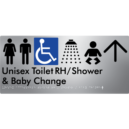 Unisex Accessible Toilet RH / Shower / Baby Change w/ Large Arrow - Braille Tactile Signs Aust.