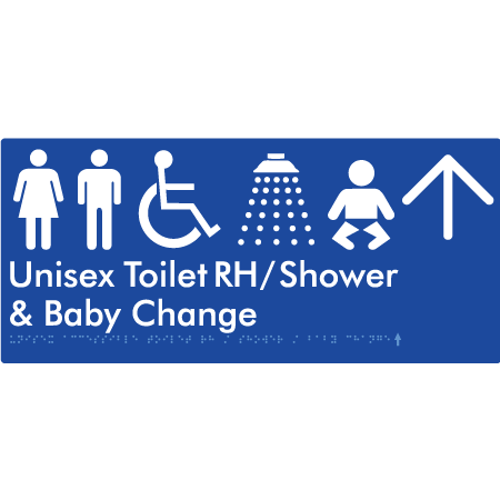 Unisex Accessible Toilet RH / Shower / Baby Change w/ Large Arrow - Braille Tactile Signs Aust.