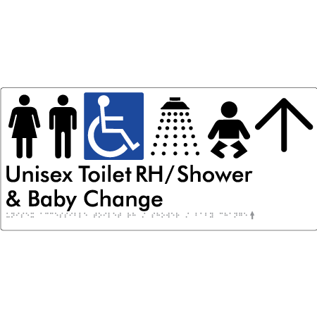 Unisex Accessible Toilet RH / Shower / Baby Change w/ Large Arrow - Braille Tactile Signs Aust.