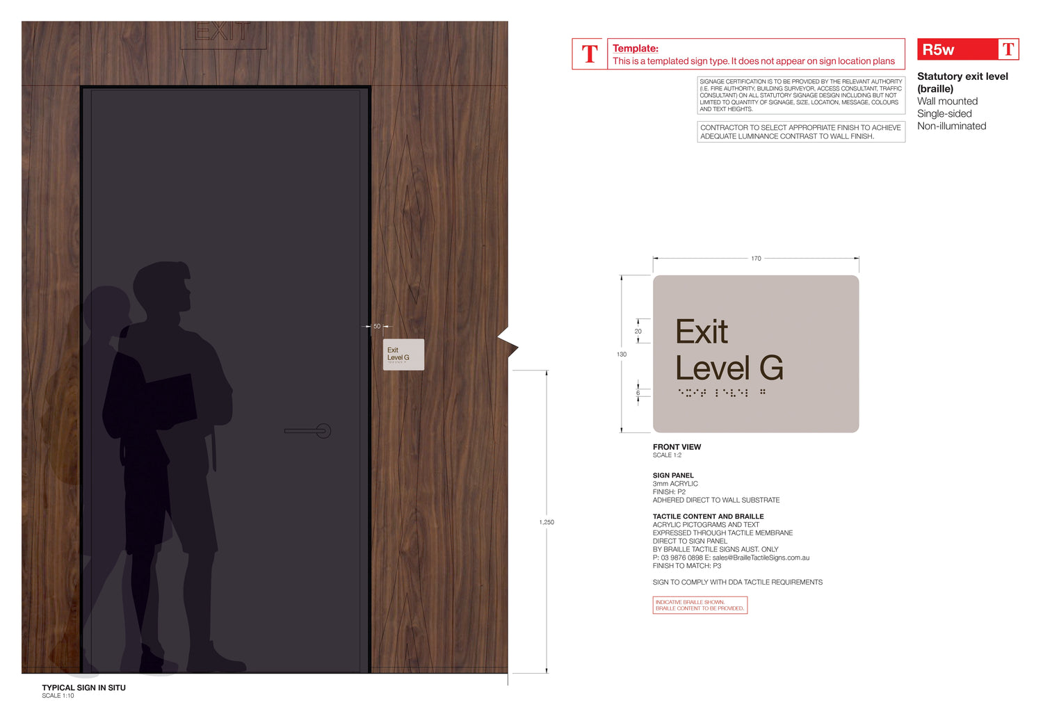 Braille tactile sign installation instructional graphic.
