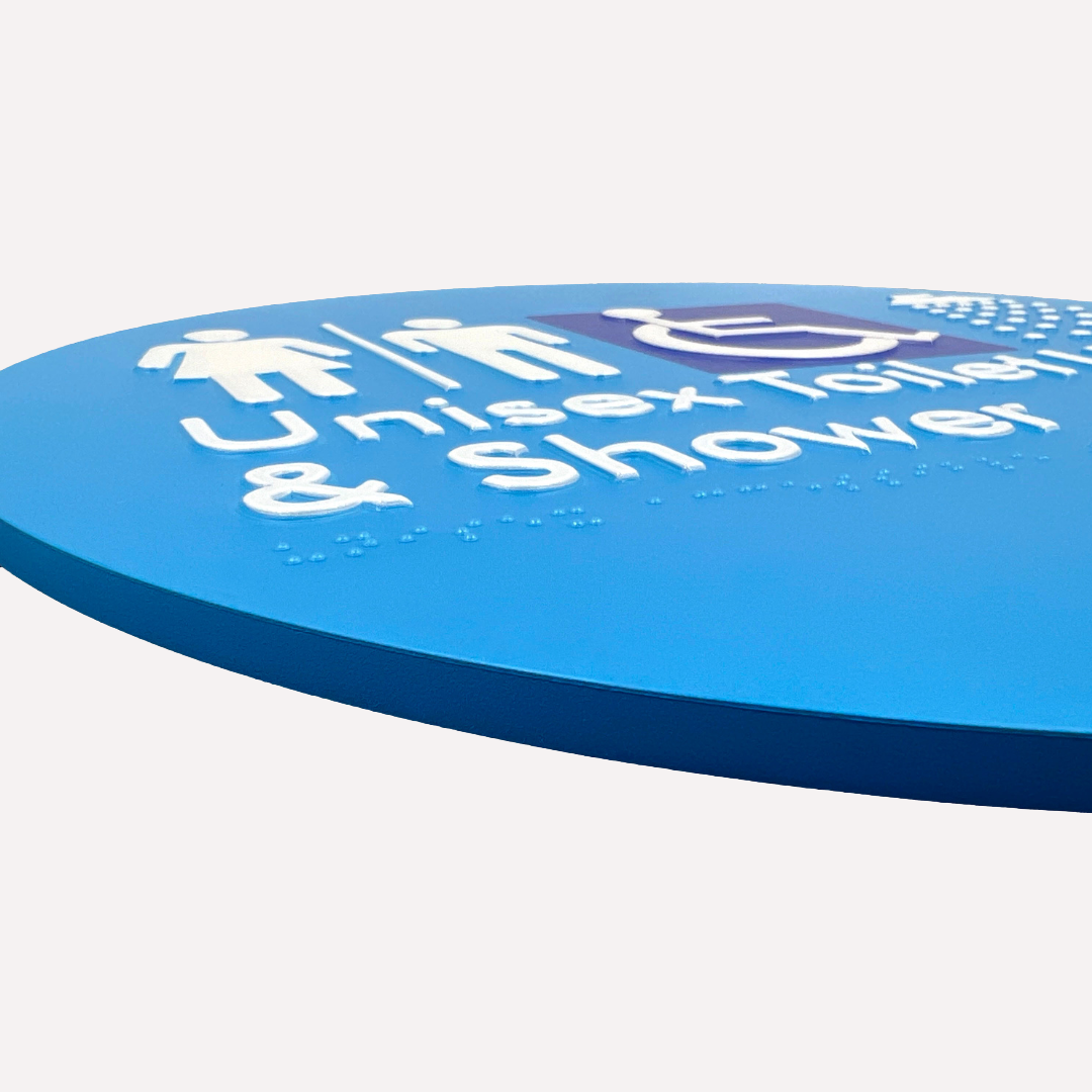 Blue circular braille signs with 'Unisex Toilet & Shower' text and accessibility icons.