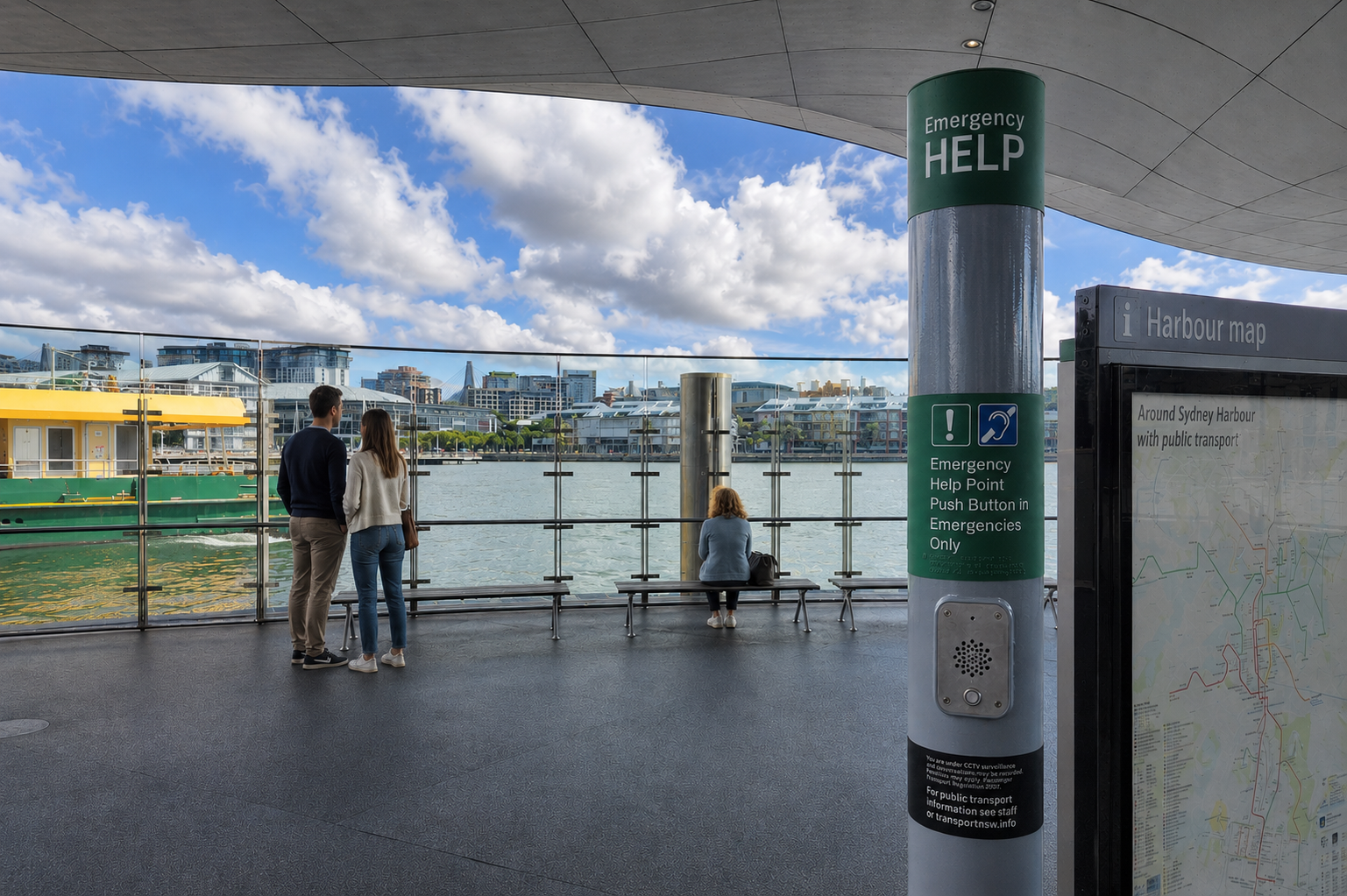 An outdoor harbour viewing platform with people looking out at the water and city skyline under a blue sky with clouds. A large braille tactile sign - green and white emergency help signpost is visible in the foreground, along with a sydney harbour map panel.