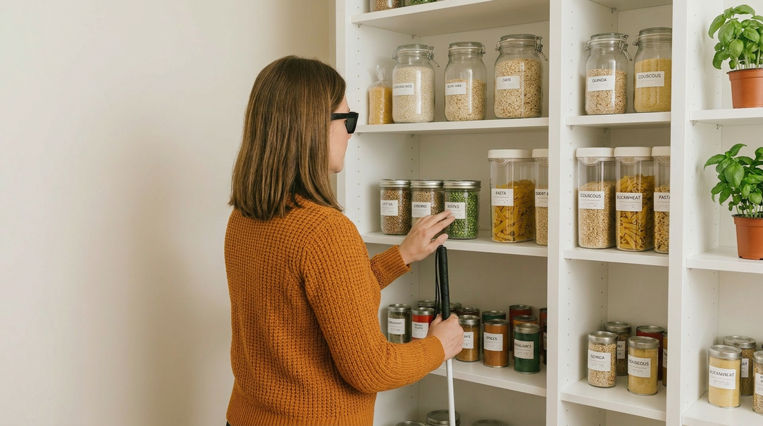Woman with mobility cane reaching for a jar on a shelf filled with labeled jars in a kitchen setting.
