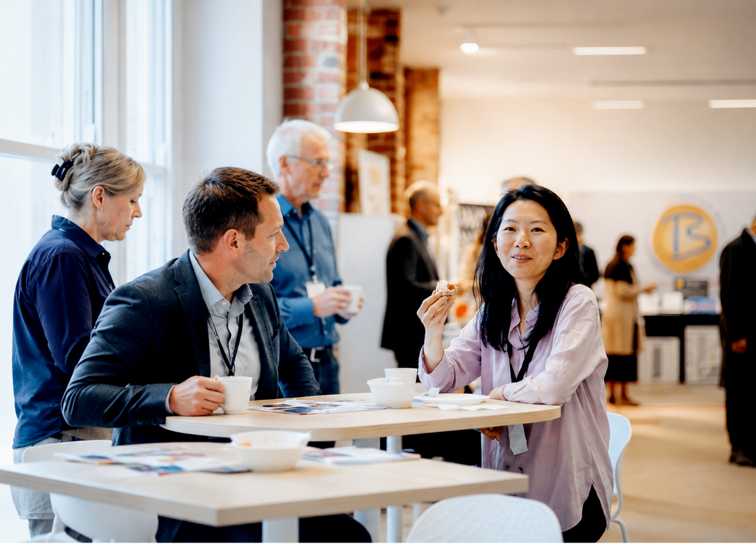 A group of professionals seated and standing around light wood tables in a bright, modern office or event space, holding white cups and engaging in conversation.