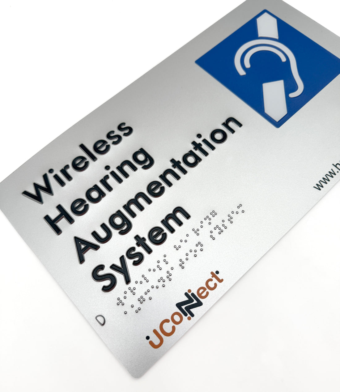 Silver Wireless Hearing Augmentation System braille sign and uCoNnect logo.