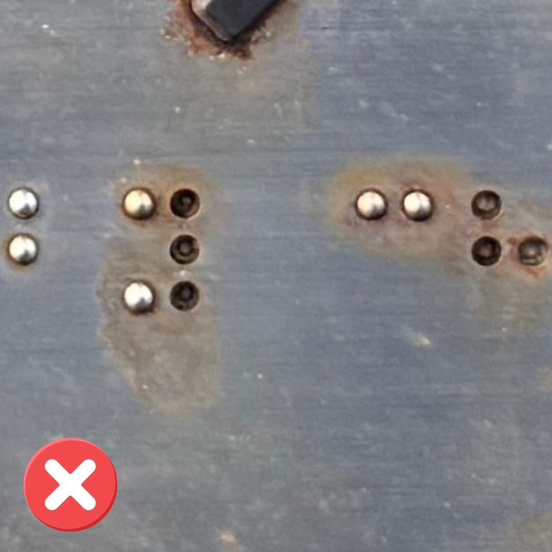 Non-compliant braille signage - rusted, elements missing.