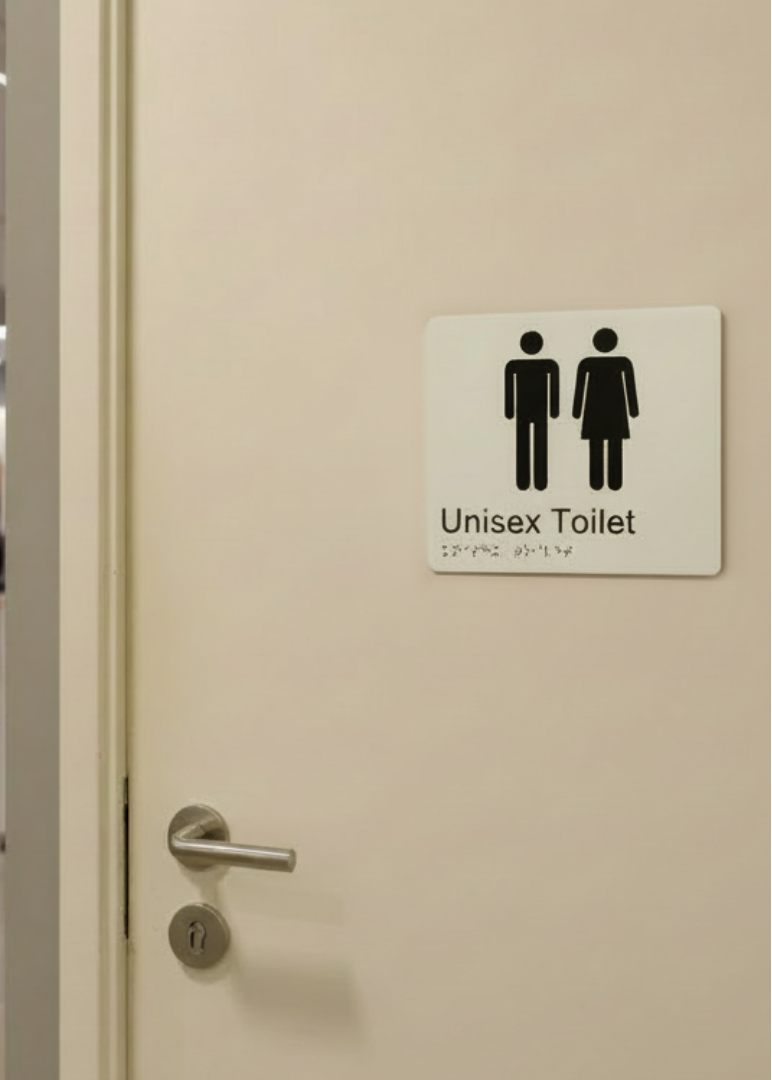 Non-compliant sign for Unisex toilet door with a braille elements, as it doesn't meet luminance contrast requirements.