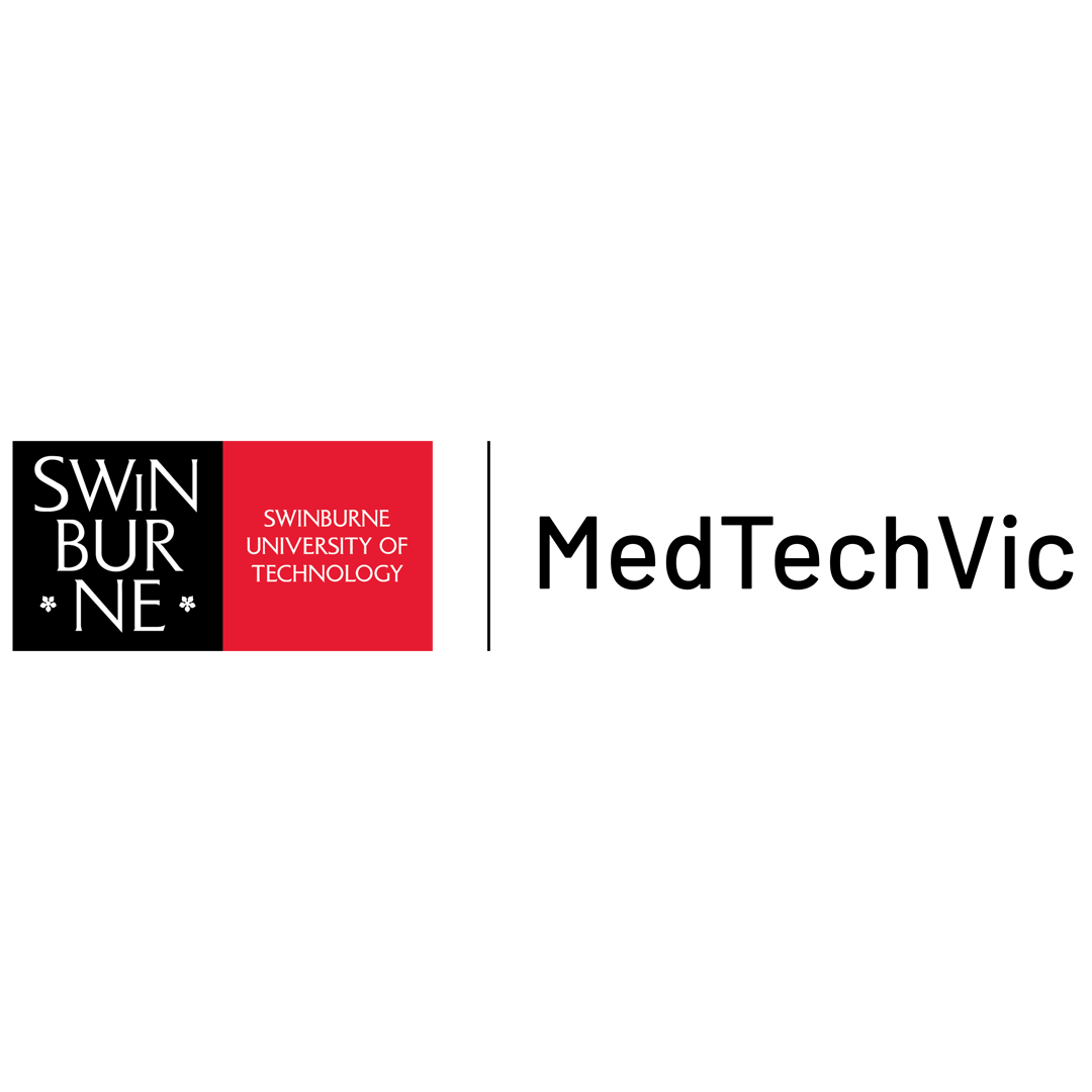 A logo-style graphic on a white background showing the Swinburne University of Technology mark in black and red on the left, a vertical thin line in the center, and the text MedTechVic in black on the right.
