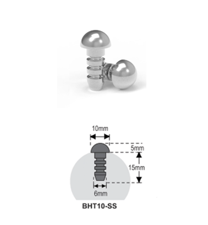A photo of metallic ball-ended handrail buttons shown above a dimension diagram of one handrail button labeled BHT10-SS, with measurements 10mm, 5mm, 15mm, and 6mm on a white background.