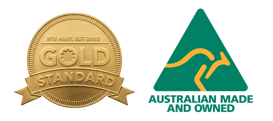 Gold 'Gold Standard' badge and green triangle with Australian Made and Owned logo