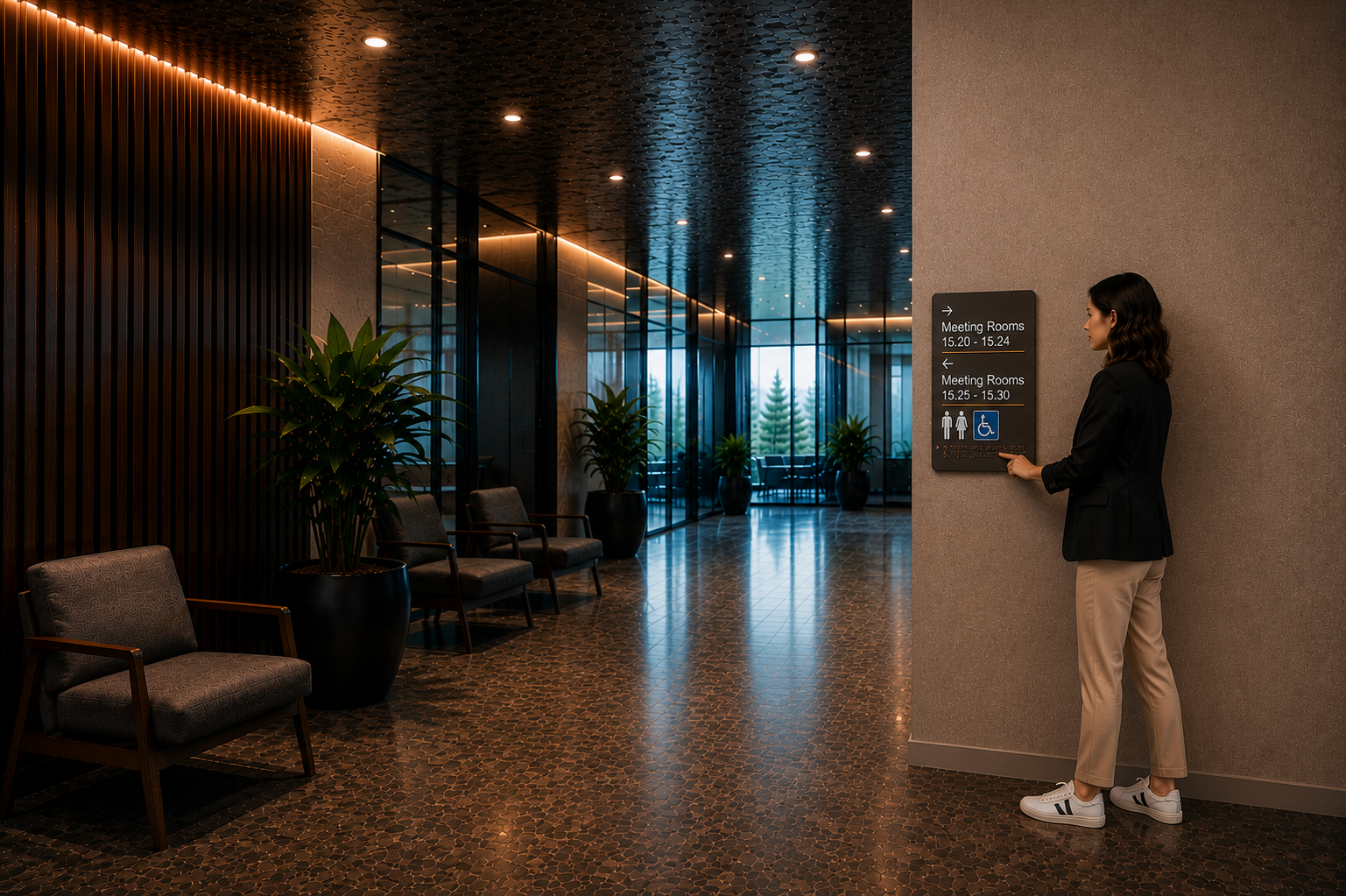 A woman in a black blazer and beige pants stands in a modern lobby next to a directional Braille Tactile Sign, touching it with her finger. The lobby features dark wood slat walls, comfortable armchairs, potted green plants, and a polished terrazzo floor.

