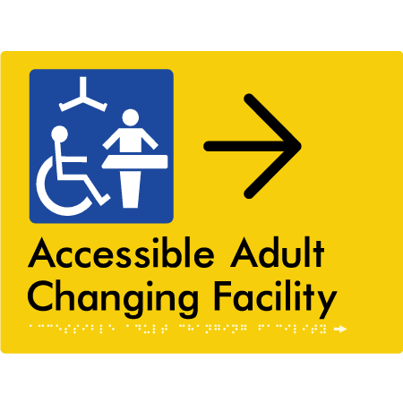 Braille Sign Accessible Adult Changing Facility with Large Arrow - Braille Tactile Signs Aust. - BTS393->R-yel ***Compliance Note this sign is no longer compliant with AS, please view BTS449 for the updated version*** - Custom Signs - Fast Shipping - High Quality - Australian Made &amp; Owned