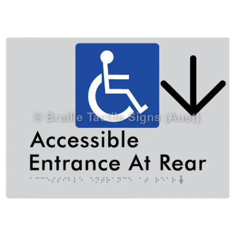 Braille Sign Accessible Entrance at Rear w/ Large Arrow - Braille Tactile Signs (Aust) - BTS203->D-slv - Fully Custom Signs - Fast Shipping - High Quality - Australian Made &amp; Owned