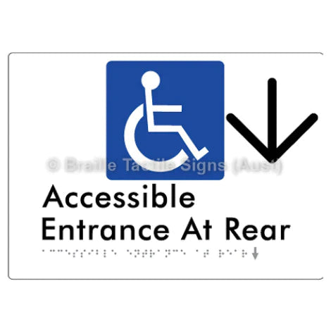Braille Sign Accessible Entrance at Rear w/ Large Arrow - Braille Tactile Signs (Aust) - BTS203->D-wht - Fully Custom Signs - Fast Shipping - High Quality - Australian Made &amp; Owned