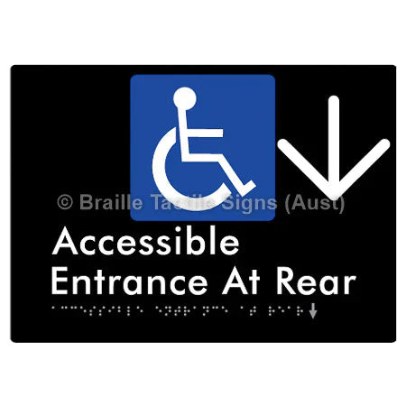 Braille Sign Accessible Entrance at Rear w/ Large Arrow - Braille Tactile Signs (Aust) - BTS203->D-blk - Fully Custom Signs - Fast Shipping - High Quality - Australian Made &amp; Owned
