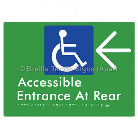 Braille Sign Accessible Entrance at Rear w/ Large Arrow - Braille Tactile Signs (Aust) - BTS203->L-grn - Fully Custom Signs - Fast Shipping - High Quality - Australian Made &amp; Owned