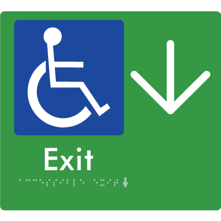 Braille Sign Accessible Exit with Large Arrow - Braille Tactile Signs Aust. - BTS288->D-grn - Custom Signs - Fast Shipping - High Quality - Australian Made &amp; Owned