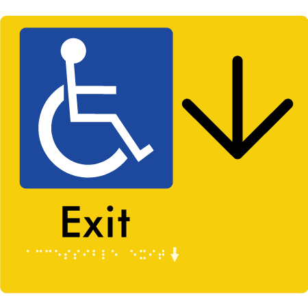 Braille Sign Accessible Exit with Large Arrow - Braille Tactile Signs Aust. - BTS288->D-yel - Custom Signs - Fast Shipping - High Quality - Australian Made &amp; Owned