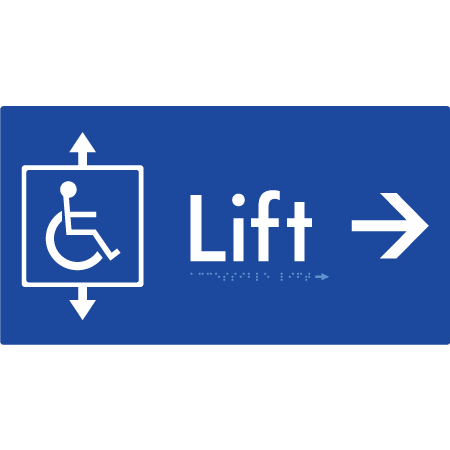 Braille Sign Accessible Lift with Arrow - Braille Tactile Signs Aust. - BTS96->R-blu - Custom Signs - Fast Shipping - High Quality - Australian Made &amp; Owned