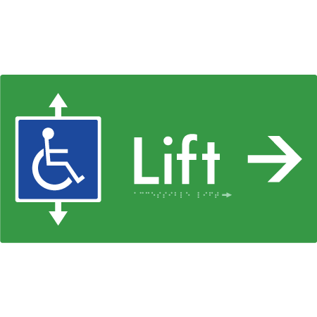 Braille Sign Accessible Lift with Arrow - Braille Tactile Signs Aust. - BTS96->R-grn - Custom Signs - Fast Shipping - High Quality - Australian Made &amp; Owned