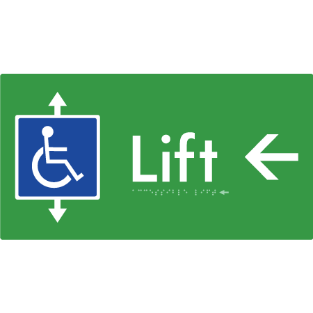 Braille Sign Accessible Lift with Arrow - Braille Tactile Signs Aust. - BTS96->L-grn - Custom Signs - Fast Shipping - High Quality - Australian Made &amp; Owned