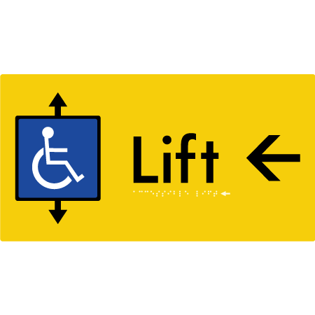 Braille Sign Accessible Lift with Arrow - Braille Tactile Signs Aust. - BTS96->L-yel - Custom Signs - Fast Shipping - High Quality - Australian Made &amp; Owned